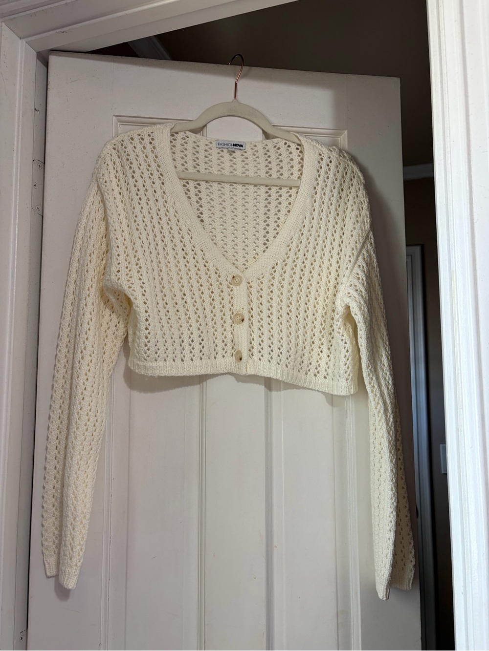 Fashion Nova Cream Crochet V-Neck Button Crop Cardigan
